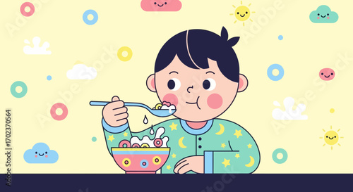 Child Enjoying Breakfast: A Whimsical Illustration Depicting Morning Ritual And Joy