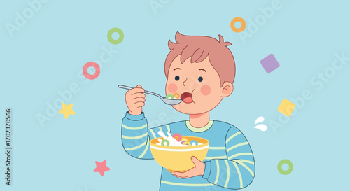 Child Enjoying Breakfast Bowl Illustration Depicting Healthy Eating Habits and Mealtime Fun