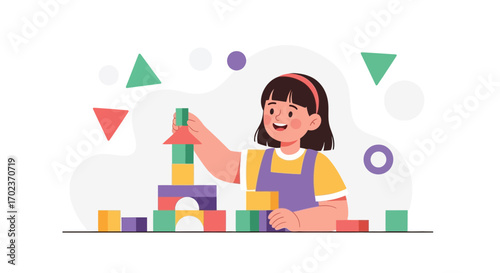 Child Joyfully Constructing Tower Using Blocks, Creativity and Educational Building Fun Illustration