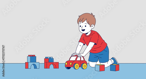Child Playing With Blocks And Toy Car In A Joyful And Creative Playtime Scene