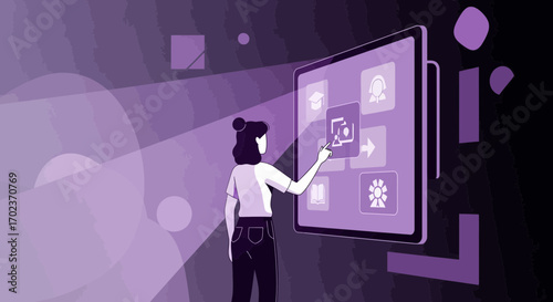 Digital Interface Interaction: A Woman Engaging With A Futuristic Information Panel