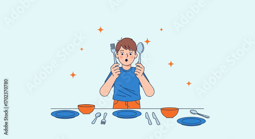 Child Prepared For Dining, Excitedly Holding Cutlery, Ready For Mealtime Or Food