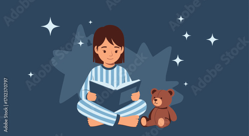 Child Reading A Book In Pajamas With A Teddy Bear And Starry Night Scene