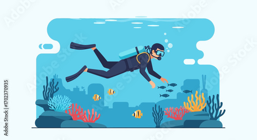 Diver Explores The Underwater Realm Surrounded By Marine Life And Vibrant Coral Reefs