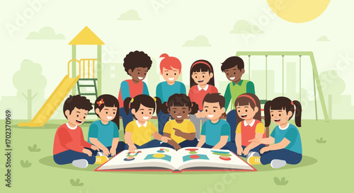 Diverse Group Of Children Reading Together In The Playground Studying And Learning