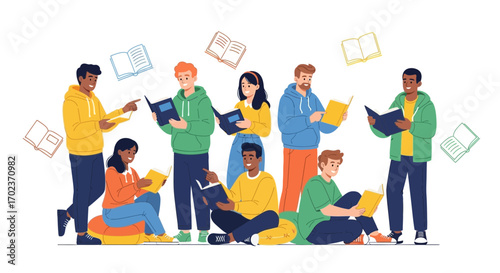 Diverse Individuals Immersed In Books Exploring Ideas And Knowledge, Reading Together