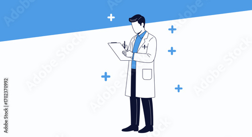 Doctor Writing on a Clipboard With Medical Symbols and Minimalist Style Illustration