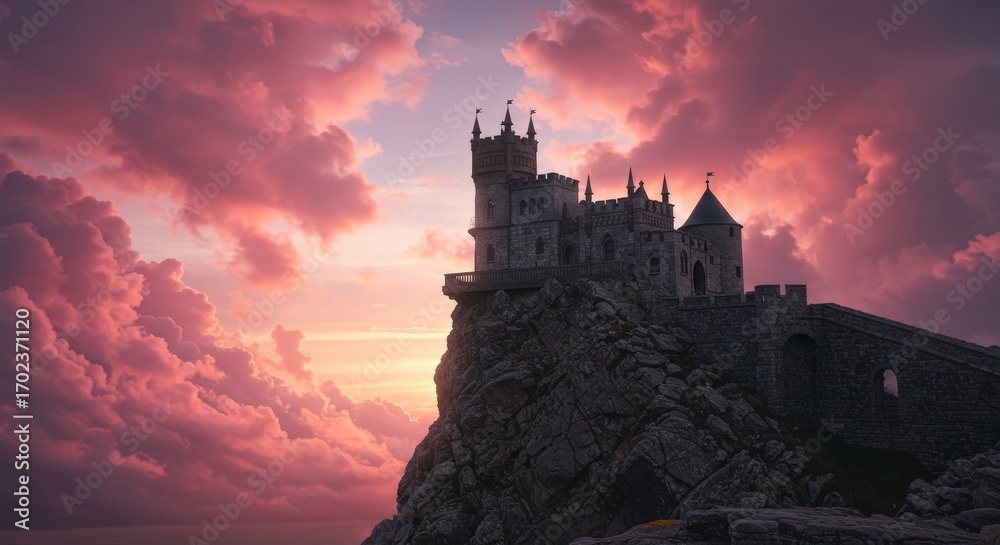 Obraz premium Castle on a cliff surrounded by pink clouds.