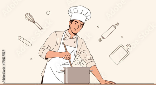 Drawn Chef Preparing A Meal With Kitchen Utensils During The Food Preparation Process