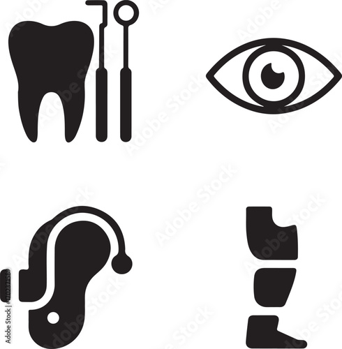 Medical Specialty Icons Tooth Dental Tools Eye Hearing Aid Leg Prosthetic Silhouette healthcare