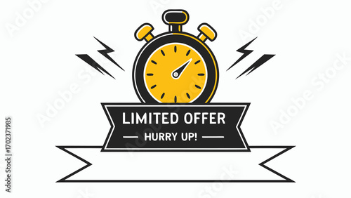 Yellow stopwatch graphic with black banner saying Limited Offer Hurry Up time clock