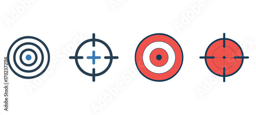 Four stylized oval targets with concentric rings and crosshairs in blue and red colors