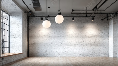 Modern Interior with White Brick Wall, Hanging Sphere Lights, and Wooden Floor for Minimalist Design