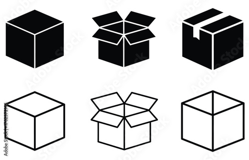 Set of six isometric cardboard box icons in black and white for shipping and delivery concepts