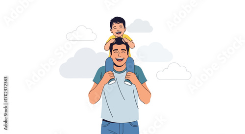 Father Carrying His Son on Shoulders While Smiling in a Peaceful Scene