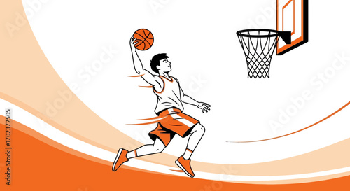 Dynamic Basketball Player In Action Performing A Slam Dunk Against A Simple Orange Backdrop