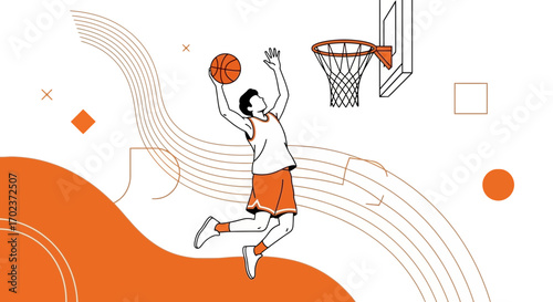 Dynamic Basketball Player Reaches for the Hoop Scoring with Energetic Movement