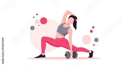 Female Athlete Doing Exercise Routine with Dumbbell in Modern Flat Vector Design