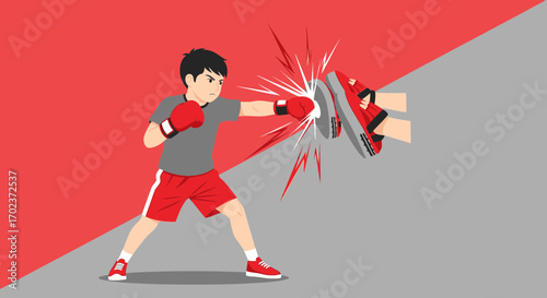 Dynamic Boxer Displaying Punching Skill During Training Session In Red and Grey Background