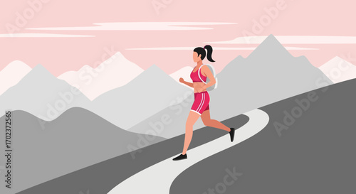 Female Athlete Running Uphill On Mountain Trail In The Pink Morning, Vector Illustration