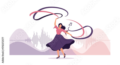 Dynamic Dancing Woman Embodying Musicality And The Rhythmic Essence Of Sound Waves Illustration