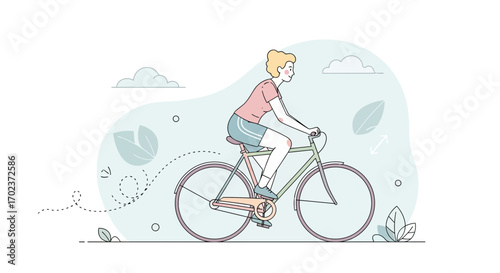Female Cyclist Enjoying The Outdoors Scene, Riding Bicycle In An Illustration