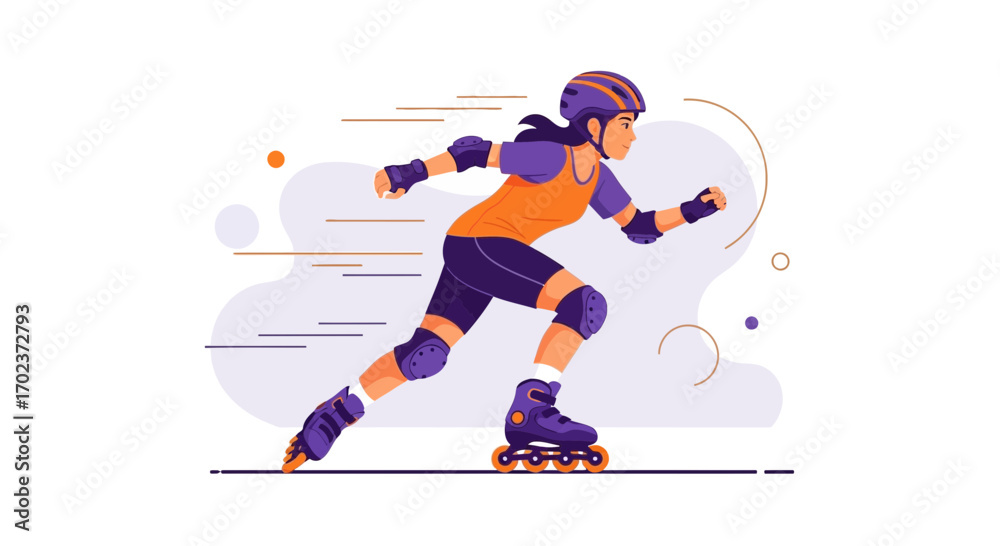Fototapeta premium Dynamic Rollerblader Gliding With Protective Gear Depicted In Flat Vector Style Illustration