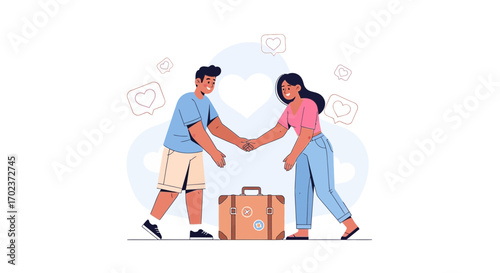 Dynamic Partners Handshake Ready for Voyage Near Suitcase with Social Media Symbolism