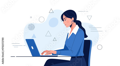 Female Professional Works Diligently on Laptop with Modern Design and Clean Graphics