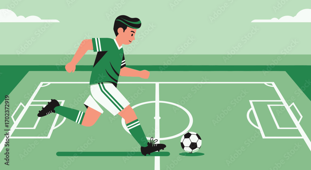 Fototapeta premium Dynamic Soccer Player Kicking Ball on the Field During a Friendly Match