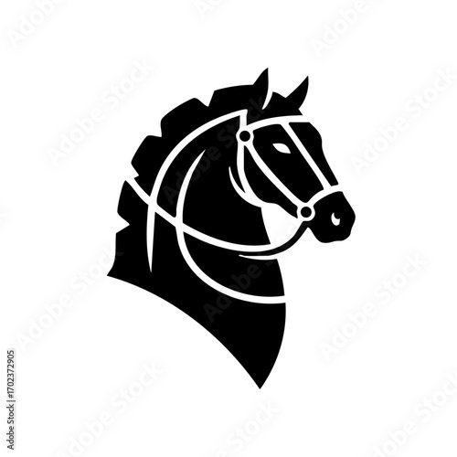Elegant stylized black horse head with bridle on white background