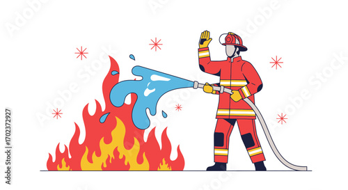 Firefighter At Work Extinguishing Blaze With Waterhose In Illustrative Style