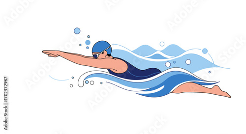 Dynamic Swimmer Gliding Gracefully Through Water With Bubbles and Artistic Vector Waves
