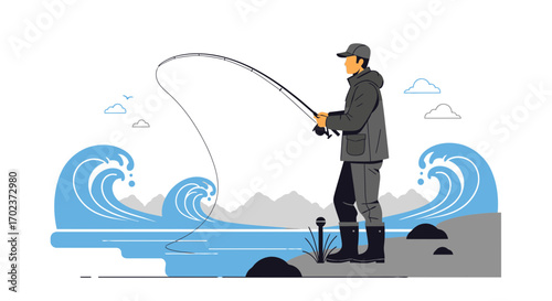 Fisherman Casting Rod Amidst Ocean Waves Seeking Patience And Serenity In Nature's Embrace