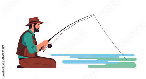 Fisherman Casting a Line While Kneeling Near Water, Ready to Enjoy Nature Outdoors