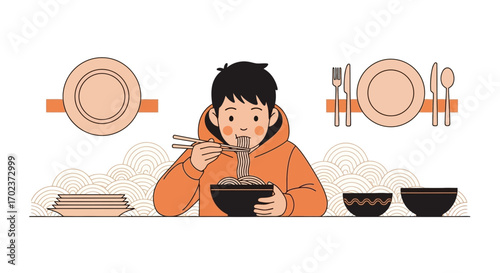 Eating Noodles In Modern Style, Asian Cuisine, Vector Illustration, Food And Dinner