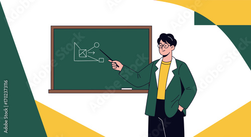 Educational Illustration Featuring a Lecturer Explaining a Diagram on a Blackboard