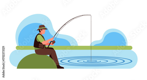 Fisherman Skillfully Casting A Line, Enjoying The Solitude On Calm Water With Patience