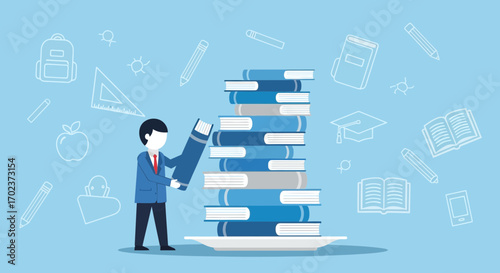 Educator Carefully Placing High-Stacked Books on a Tray, Education Iconography Elements