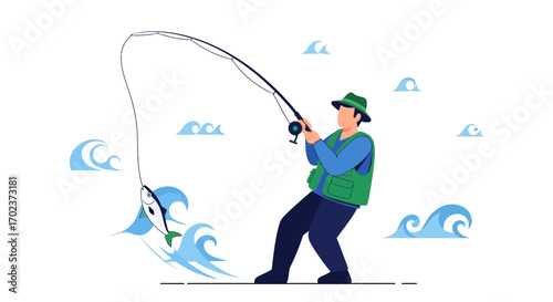 Fisherman Reel Catching Fish With Fishing Rod On Waves Illustration Design