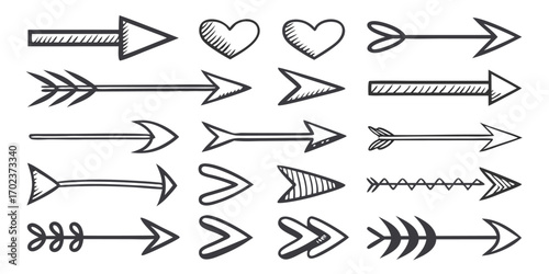 Collection of hand drawn black ink arrow and heart illustrations black and white