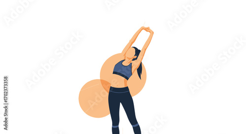 Fitness Routine: Female Athlete Stretching Arms Reaching Sky, Vector Illustration