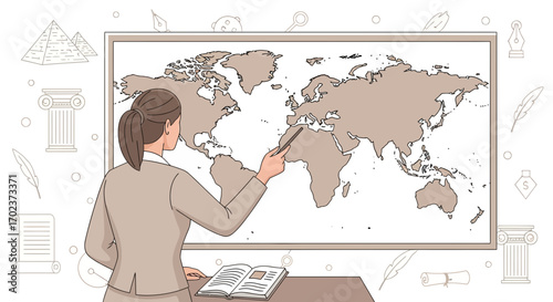 Educator Explaining Cartography With A Pointer On A World Map Displayed