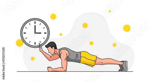 Fitness Training: Athlete Performs Plank Exercise While Checking Clock Time for Exercise Practice