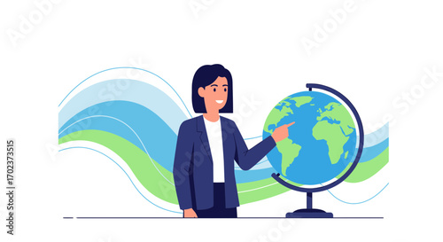 Educator Presenting Earth's Geography on a Globe with Illustrative Backgrounds Graphic