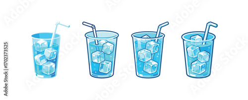 Four glasses filled with cold blue liquid and ice cubes, a concept of hydration, drinks, and cooling beverages for a hot summer day.