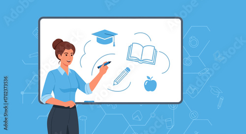 Educator Presenting Educational Concepts On Whiteboard With Academic Symbols Depicted