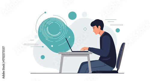 Focused Man Working On A Laptop At A Desk With Modern Digital Abstract Elements.