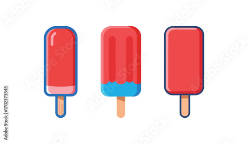 Three different red popsicles on sticks, symbolizing frozen treats, desserts, and a classic favorite for a hot summer day.