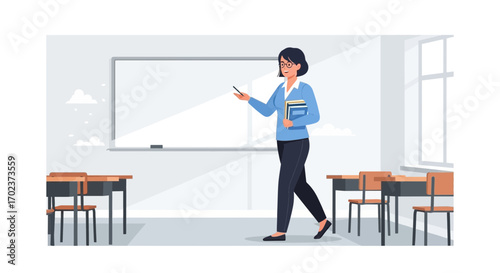 Educator Presenting Lesson In Classroom Showing Board And Desks For Educational Concepts